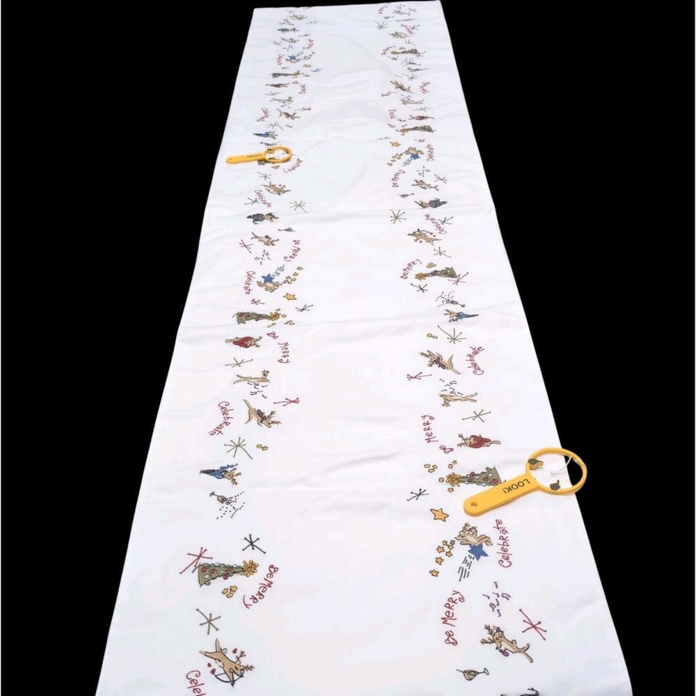 Vtg 2006 Pottery Barn Embroidered Reindeer 18x90" Christmas Table Runner Cotton